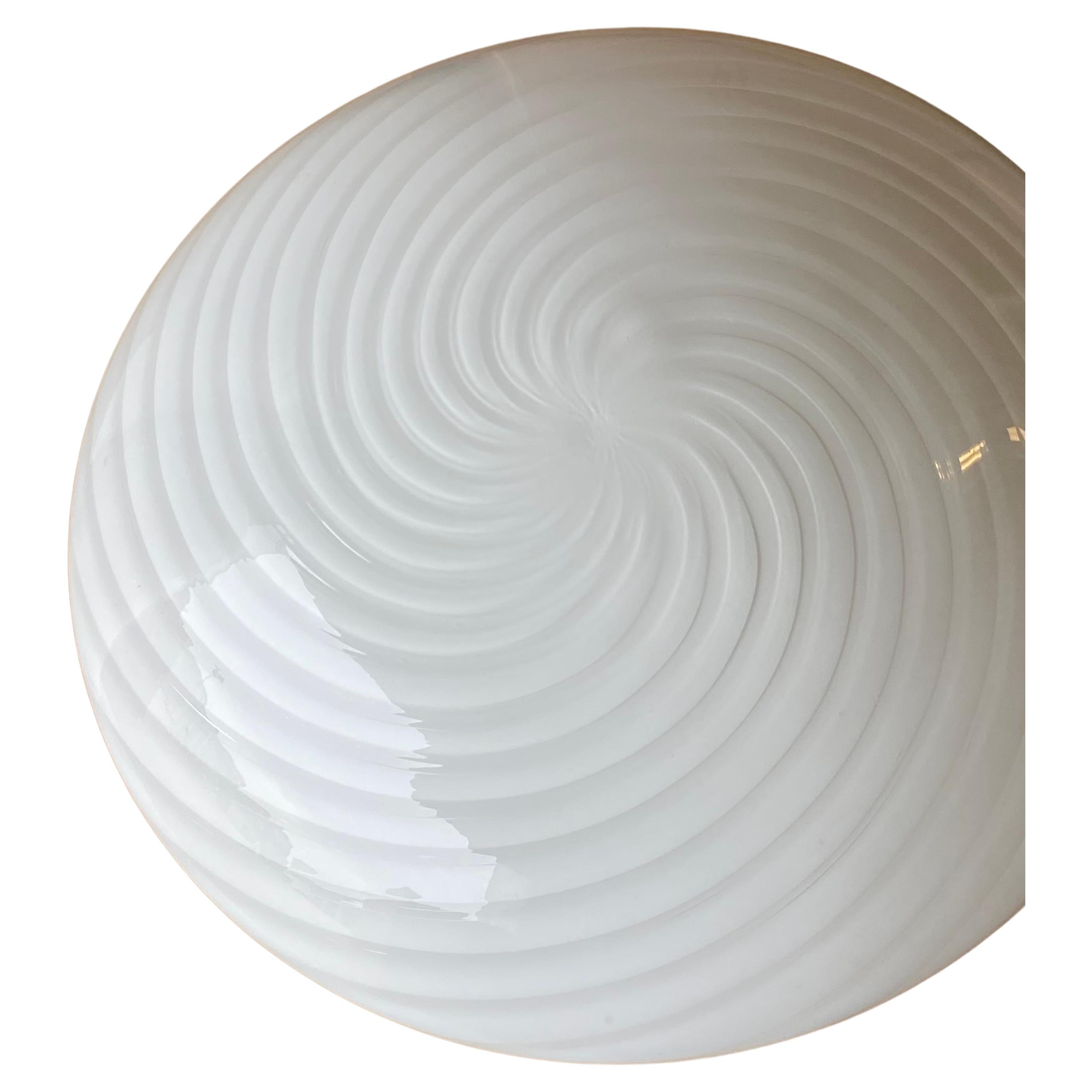 Large Vintage Murano Flush Mount Ceiling Lamp White Swirl Glass, Italy 1970s
