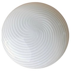 Large Vintage Murano Flush Mount Ceiling Lamp White Swirl Glass, Italy 1970s