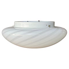 Large Vintage Murano Flush Mount Ceiling Lamp White Swirl Glass, Italy 1970s