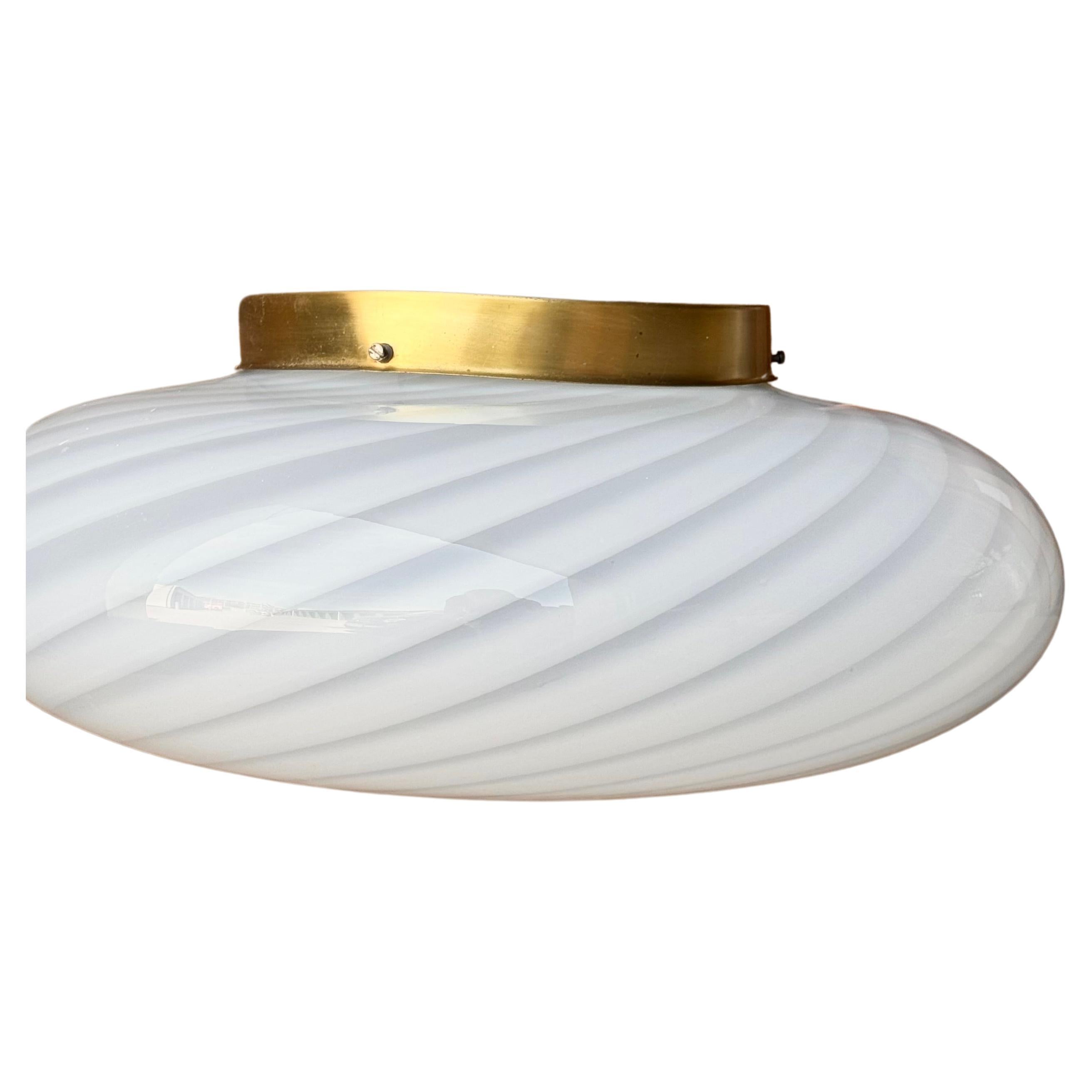 Large Vintage Murano Flush Mount Ceiling Lamp White Swirl Glass, Italy 1970s