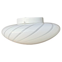 Large Vintage Murano Flush Mount Ceiling Lamp White Swirl Glass, Italy 1970s