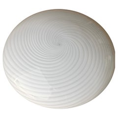 Large Vintage Murano Flush Mount Ceiling Lamp White Swirl Glass, Italy 1970s
