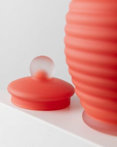 Large Vintage Murano Glass Lid Vase Corrugated Design In Coral Italy, 1980s