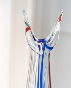 Large Vintage Murano Glass Vase Clear Glass with Blue and Red Details, 1970s