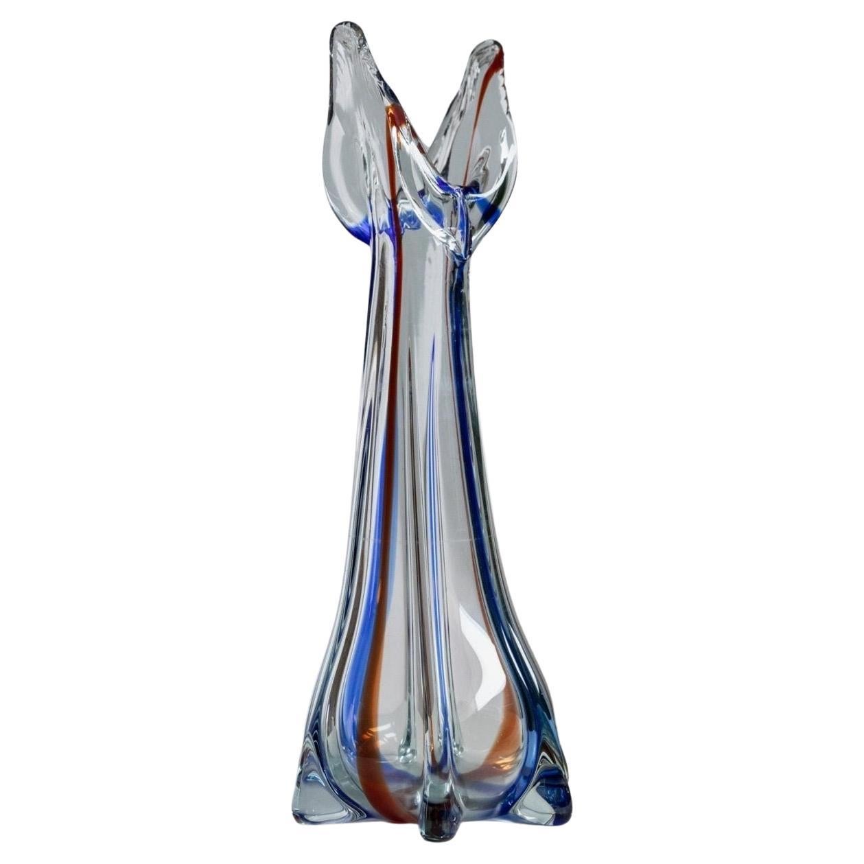 Grande vaso vintage in vetro di Murano Vetro trasparente con dettagli blu e rossi, anni
70