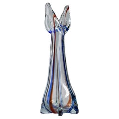 Grande vaso vintage in vetro di Murano Vetro trasparente con dettagli blu e rossi, anni
70