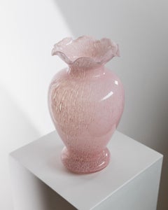 Large Vintage Murano Glass Vase - Pink Dotted Design with Wavy Rim, 1980s
