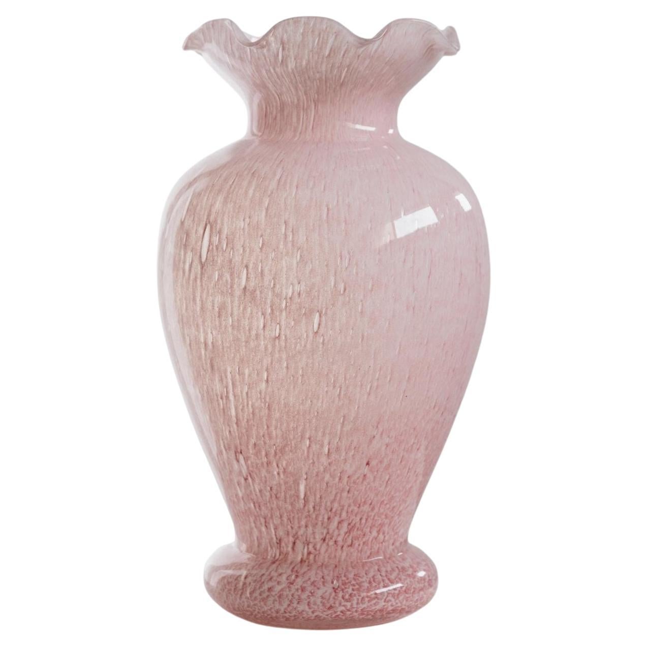 Grande vaso vintage in vetro di Murano - Design Dot Dot rosa con bordo ondulato, anni '80