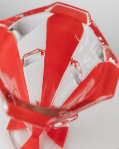 Large Vintage Murano Glass Vase Red Striped, Art Deco Design Italy, 1970s