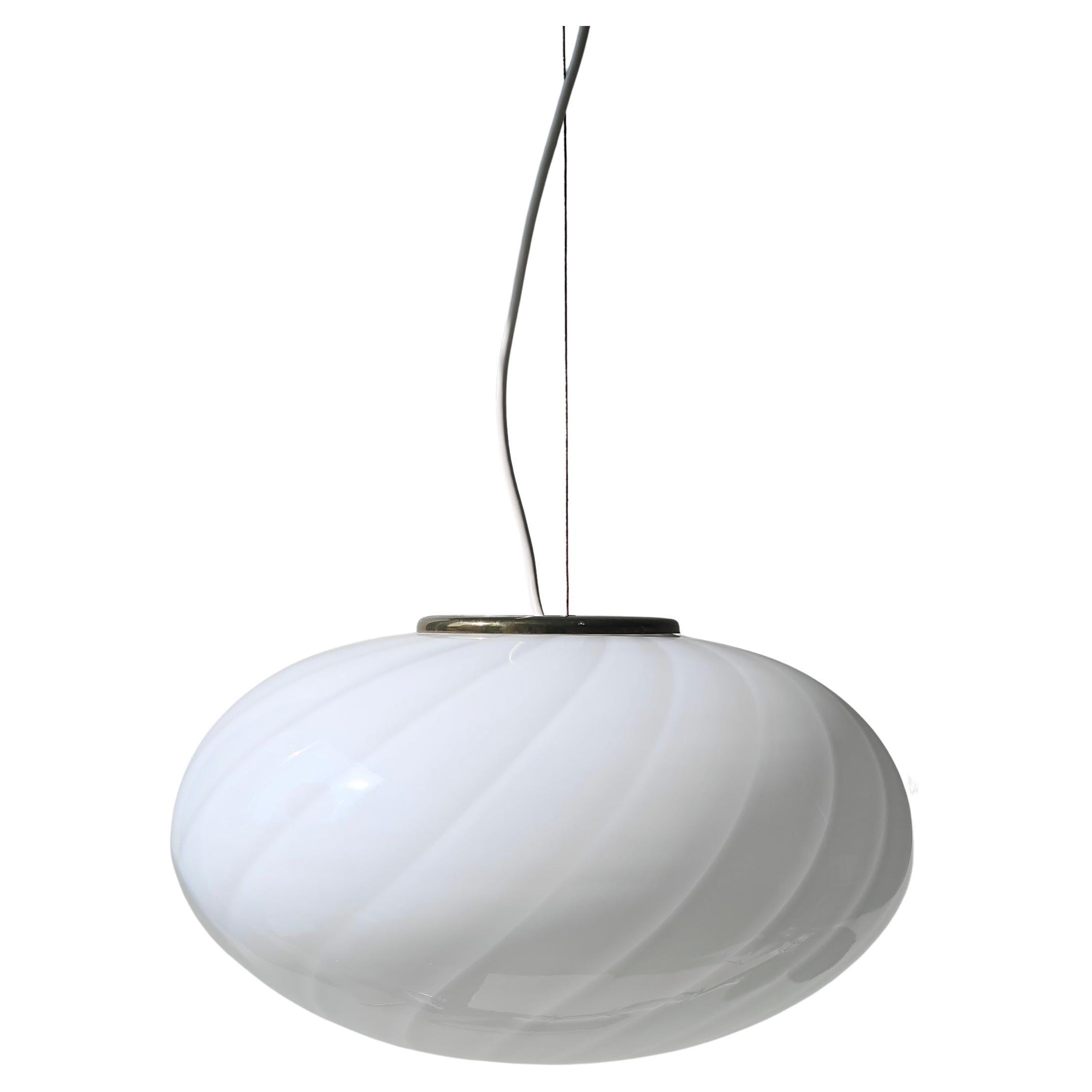 Large Vintage Murano Italian 1970s White Swirl Glass Pendant Sphere Globe Lamp 