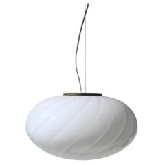 Large Vintage Murano Italian 1970s White Swirl Glass Pendant Sphere Globe Lamp