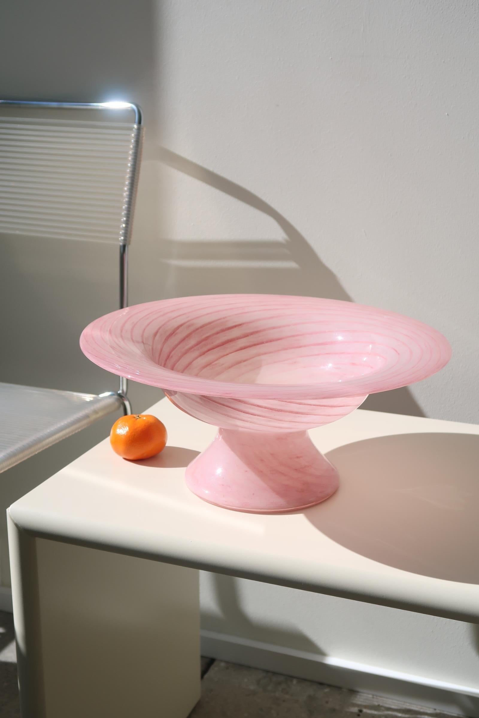 Murano Glass Large Vintage Murano Italian 1970s Mouth Blown Centerpiece Bowl Pink Swirl Glass