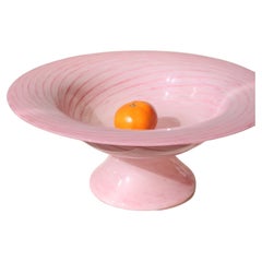 Large Vintage Murano Italian 1970s Mouth Blown Centerpiece Bowl Pink Swirl Glass