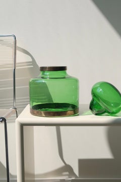 Large Vintage Murano Italian 1970s Mouth Blown Green Jar Bonbonniere Vase Brass