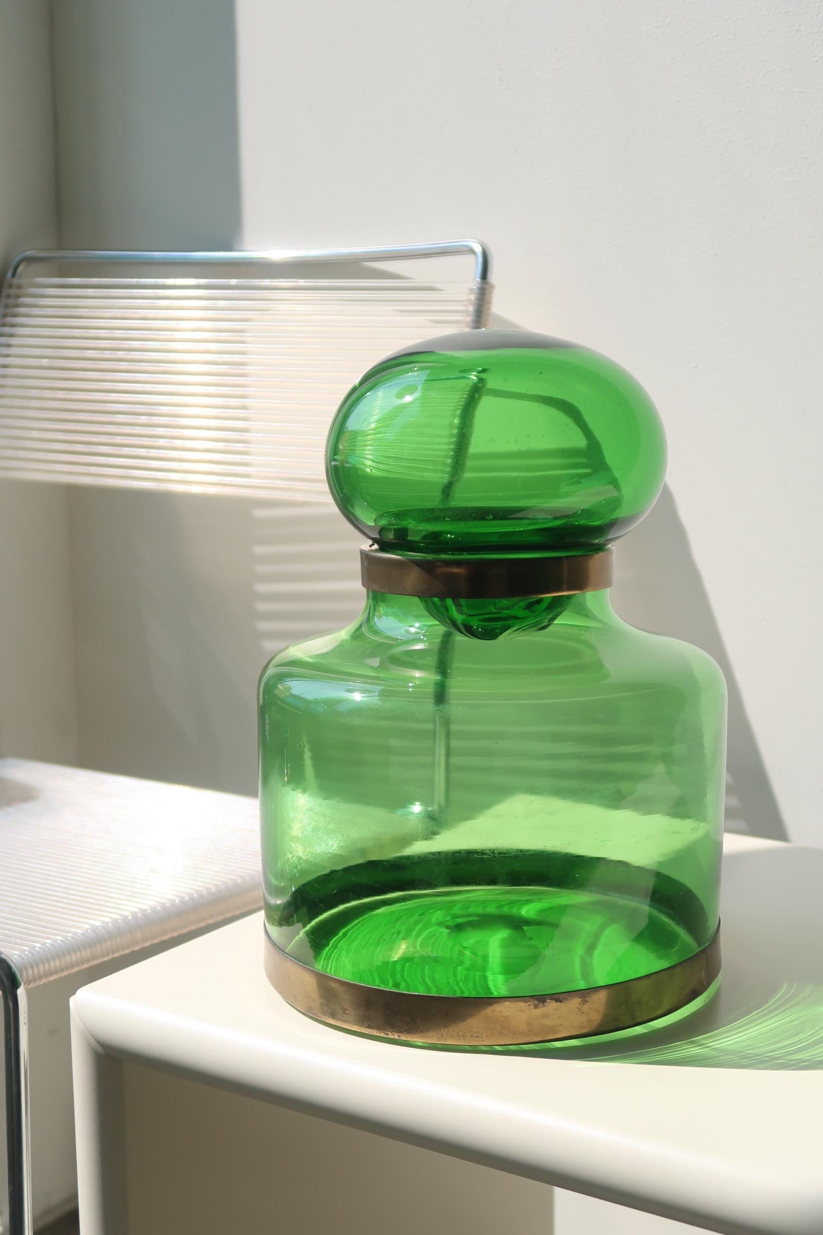 Murano Glass Large Vintage Murano Italian 1970s Mouth Blown Green Jar Bonbonniere Vase Brass