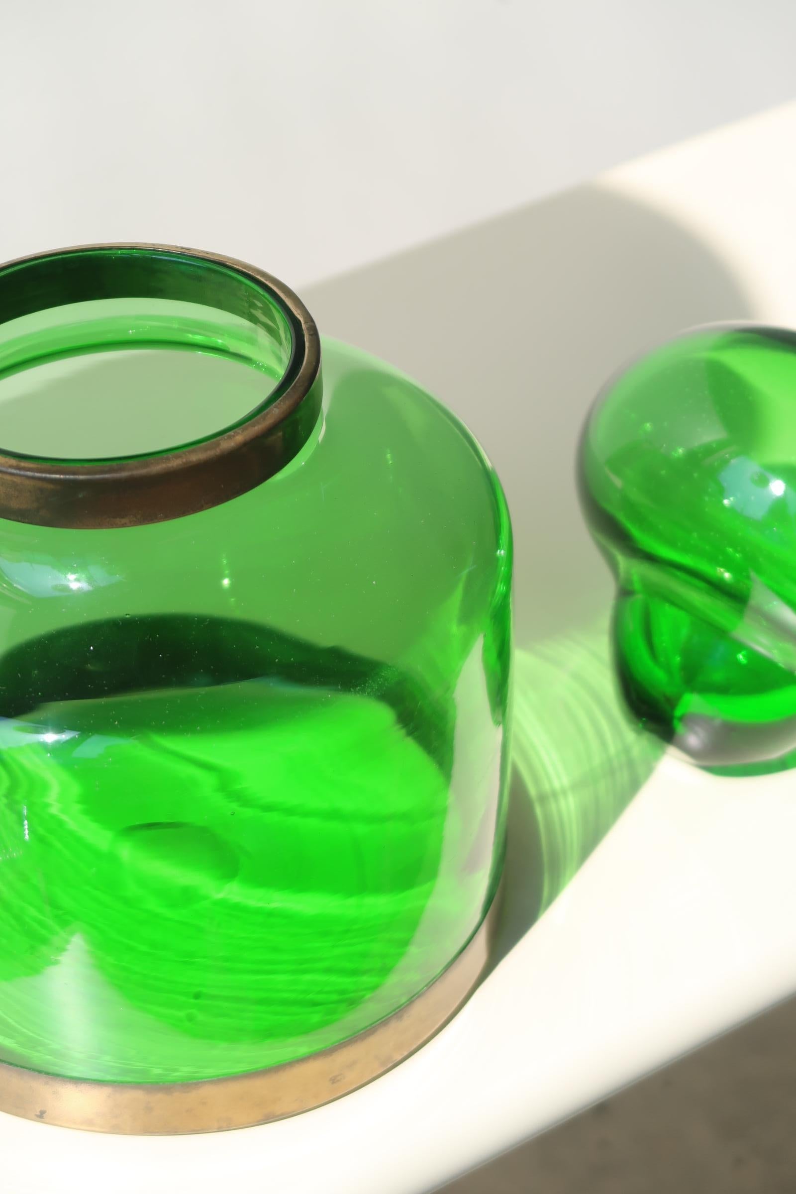 Large Vintage Murano Italian 1970s Mouth Blown Green Jar Bonbonniere Vase Brass 3