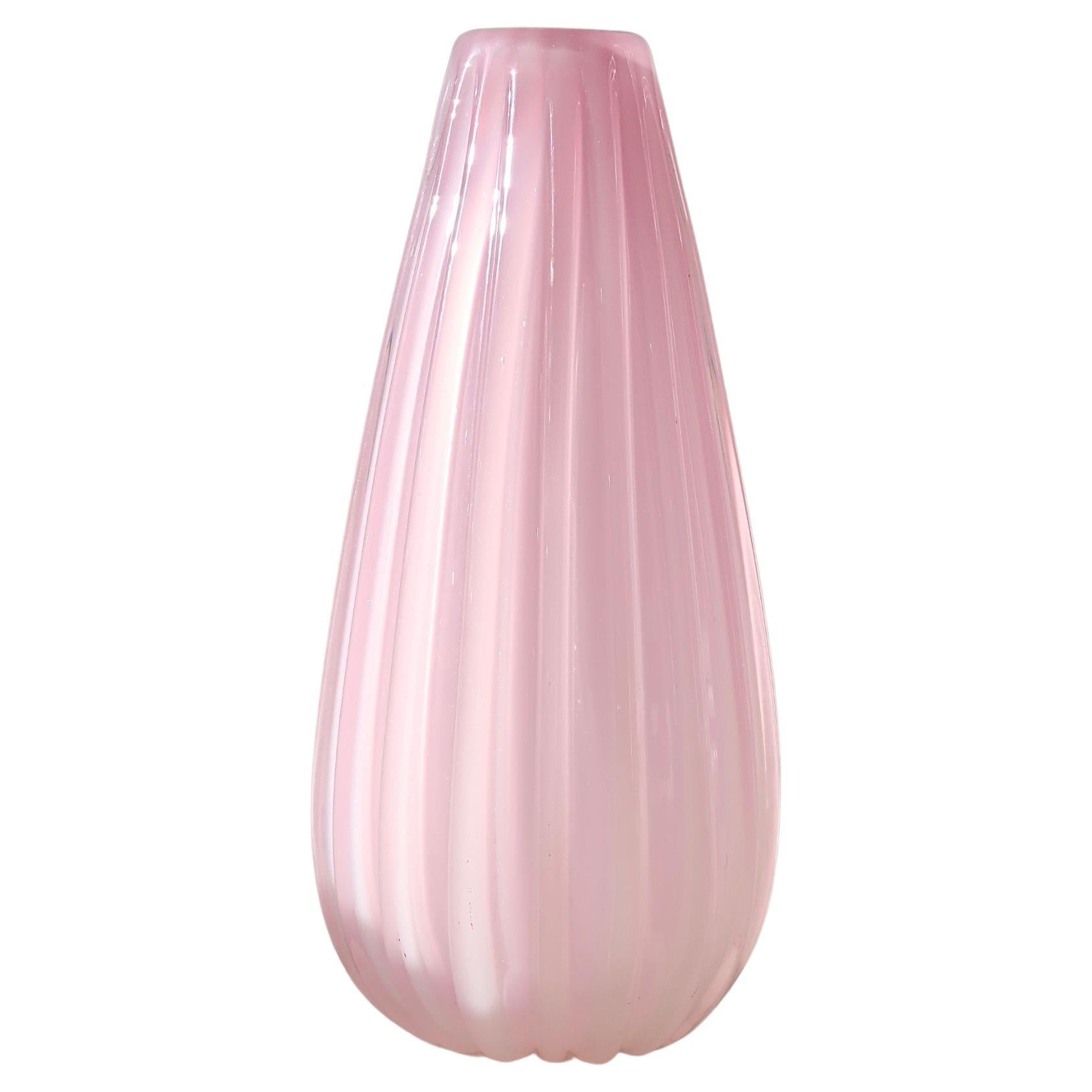 Large Vintage Murano Italian Alabastro Pink Ribbed Glass Vase