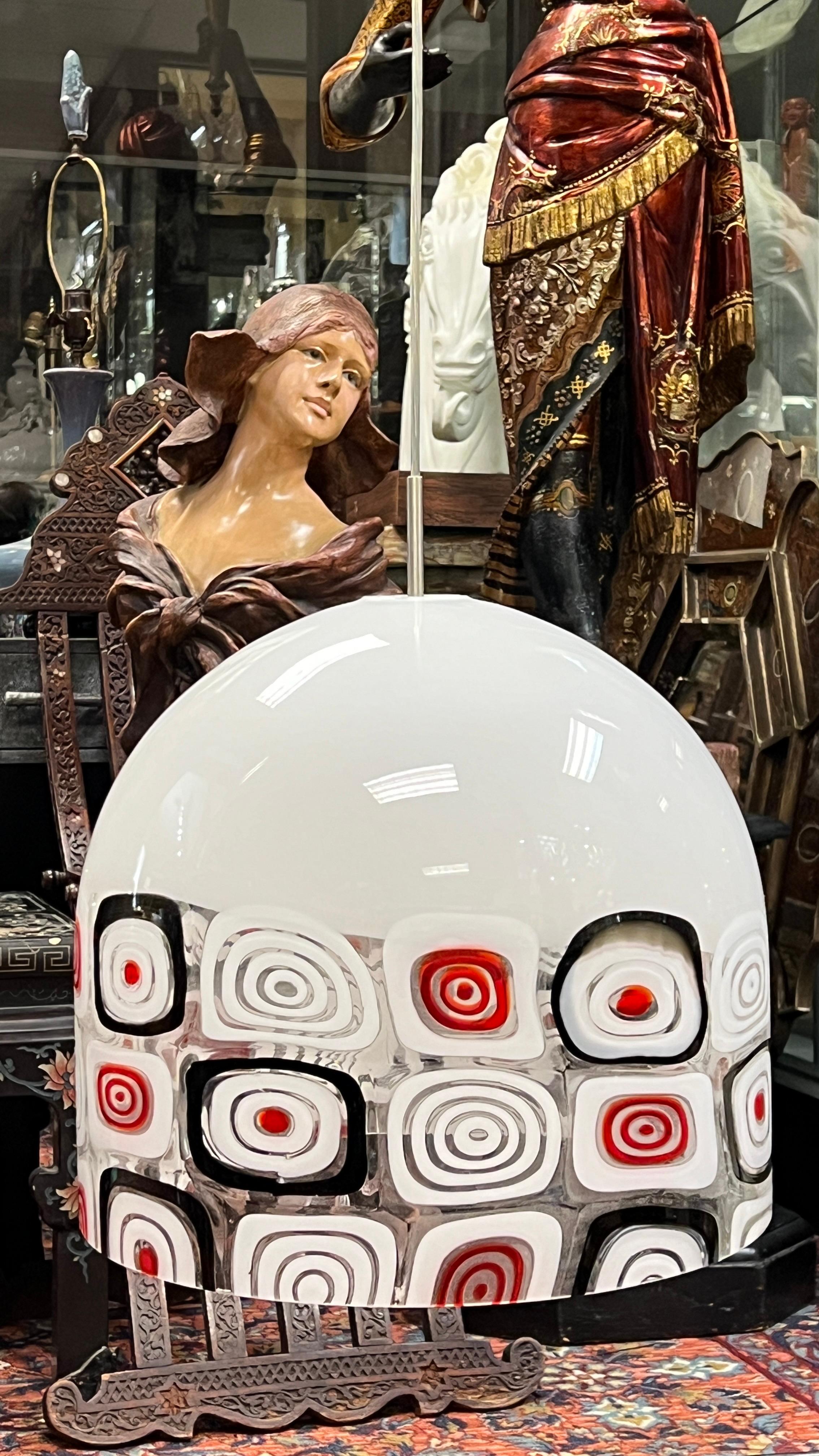 Post-Modern Large Vintage Murano Italian White Millefiori Glass Pendant Lamp Chandelier For Sale