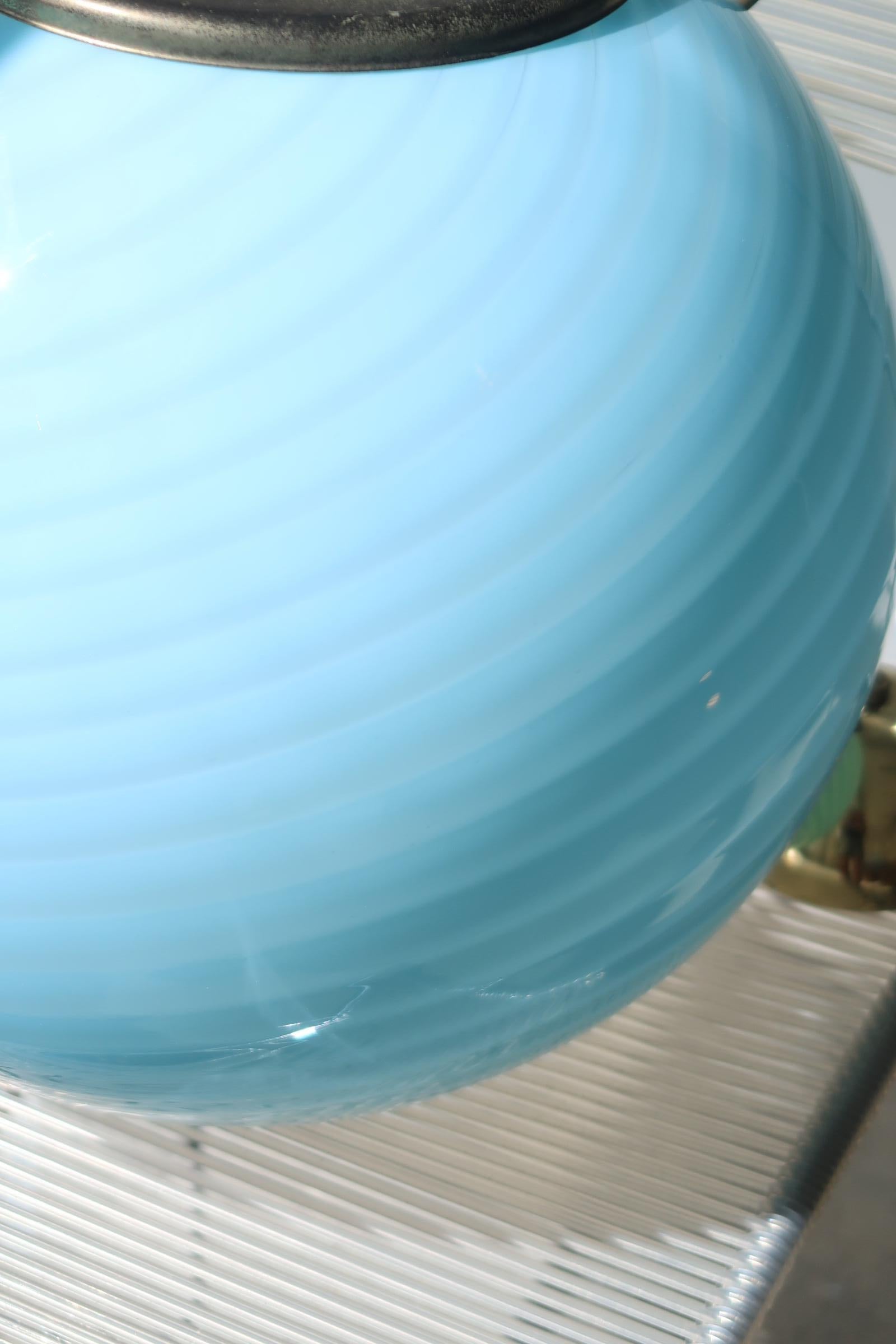 Late 20th Century Large Vintage Murano Pedant Lamp Sphere Globe Blue Swirl Glass, 1970s Brass