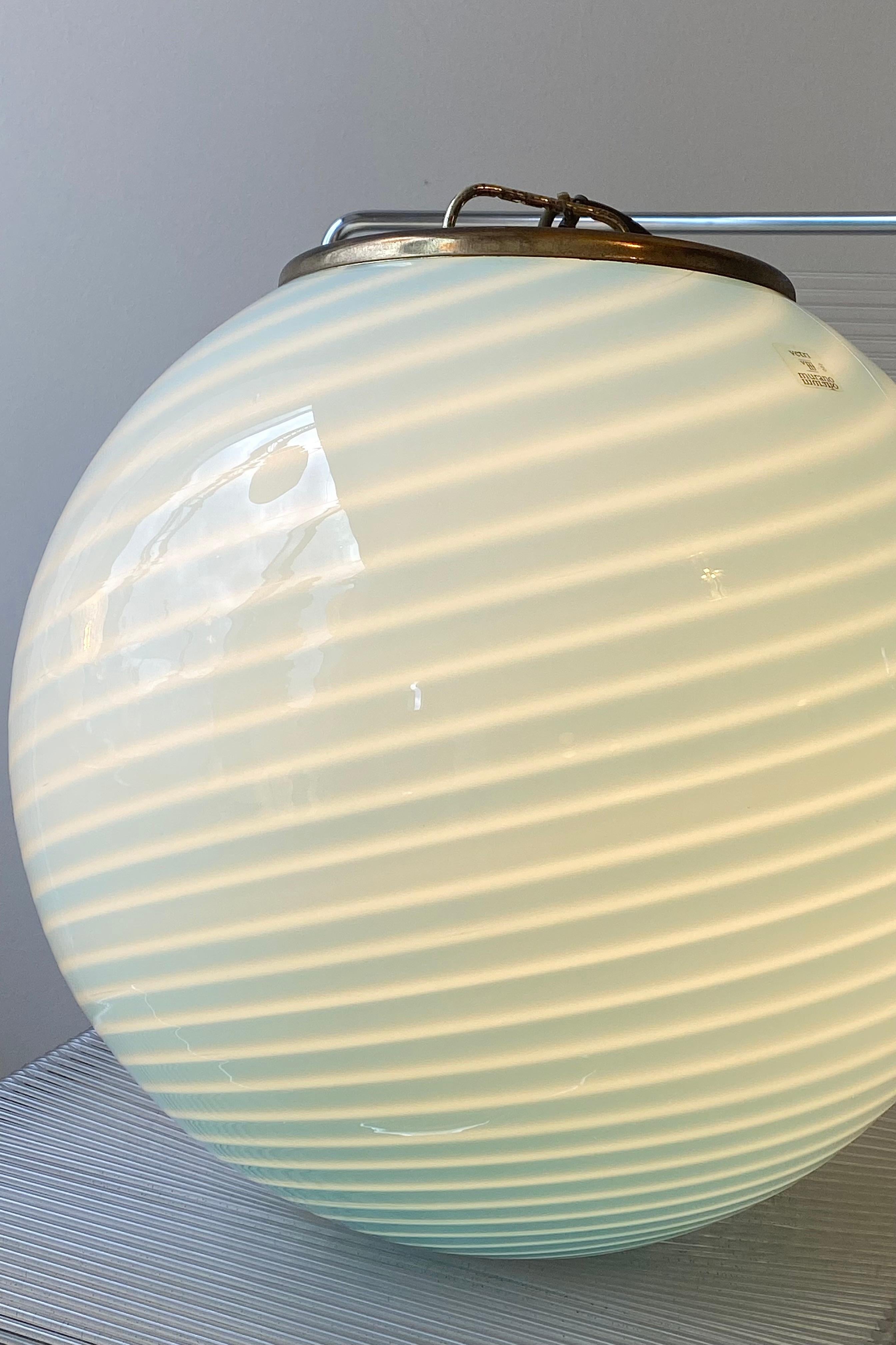 Large Vintage Murano Pedant Lamp Sphere Globe Blue Swirl Glass, 1970s Brass 1