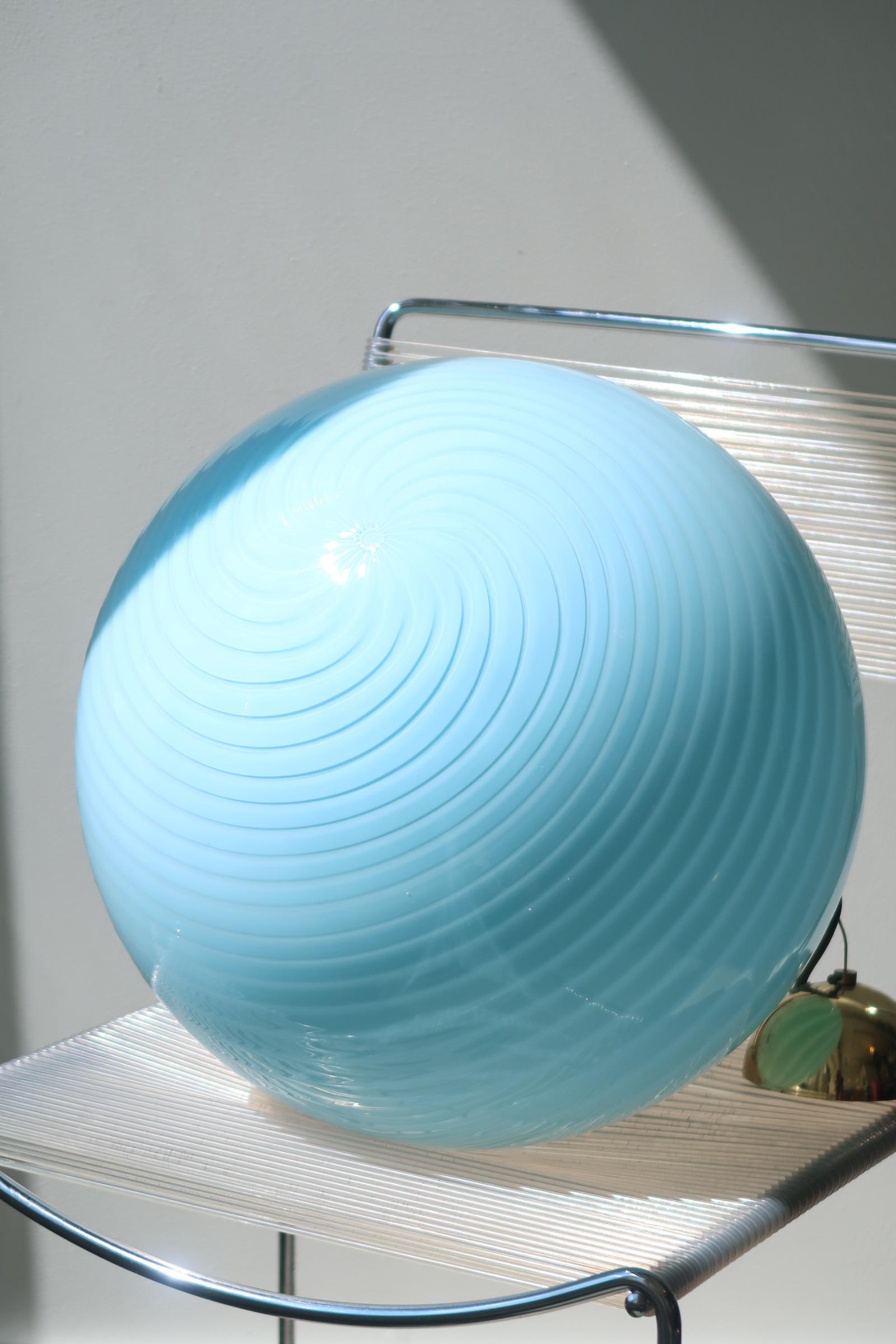 Large Vintage Murano Pedant Lamp Sphere Globe Blue Swirl Glass, 1970s Brass 3