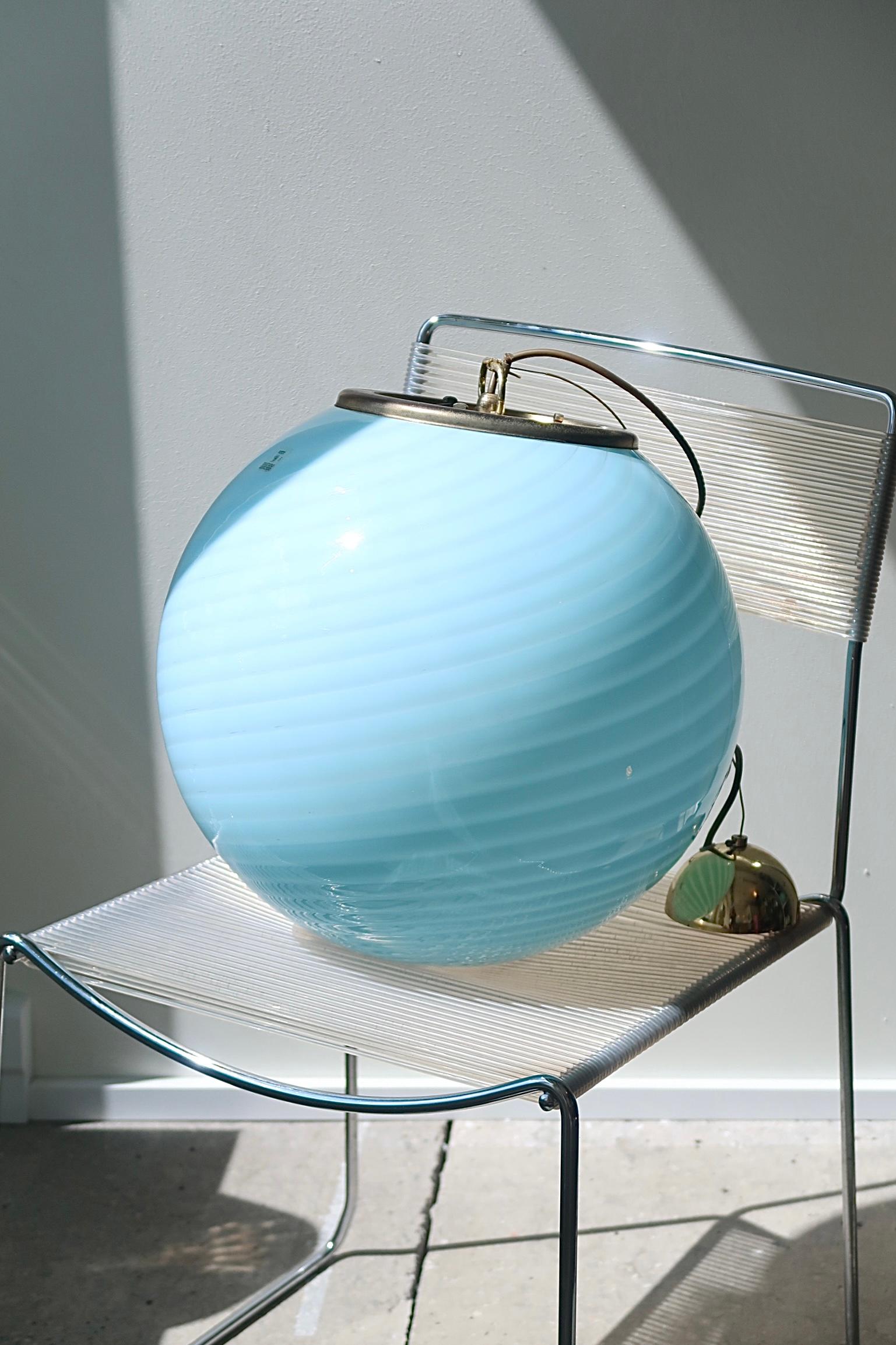Large Vintage Murano Pedant Lamp Sphere Globe Blue Swirl Glass, 1970s Brass 4