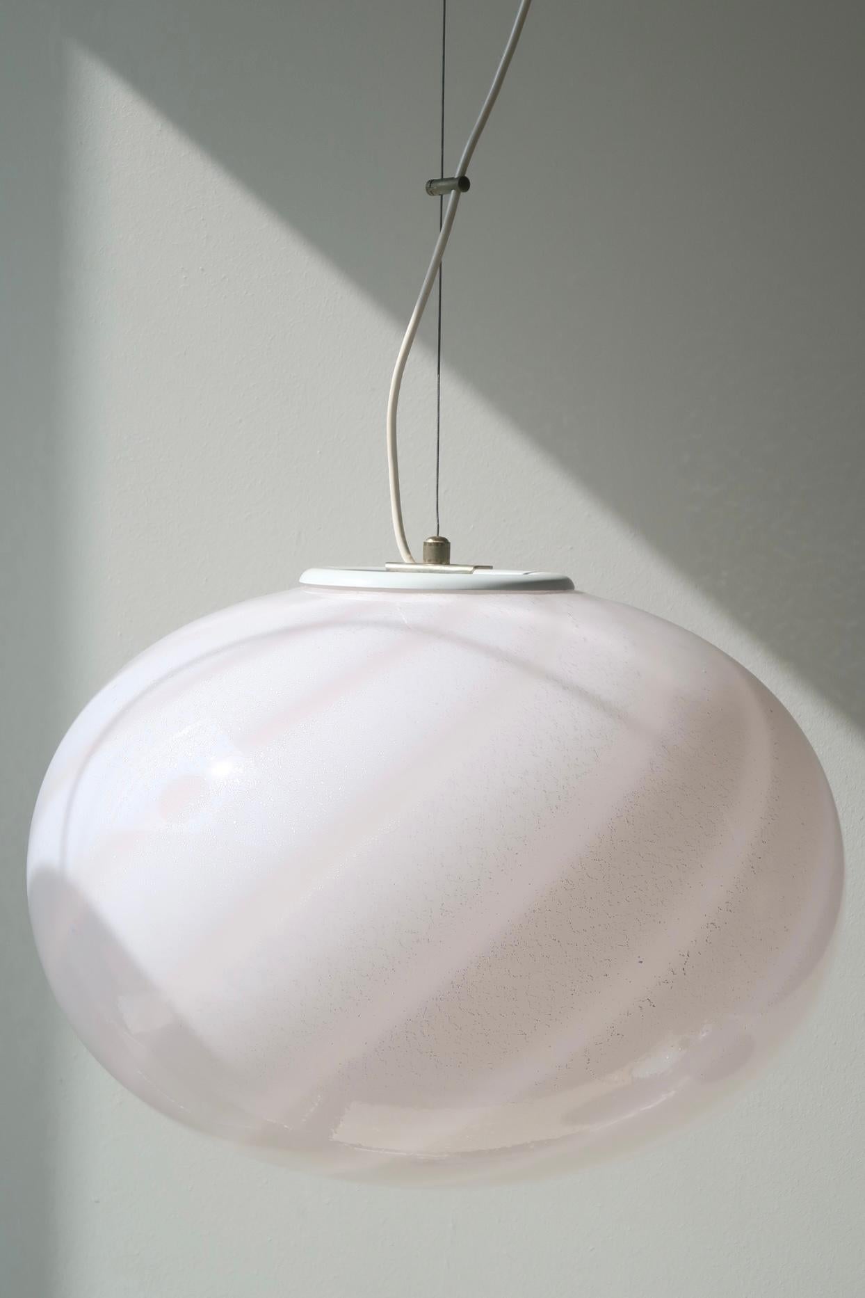 Large Vintage Murano Pendant Ceiling Lamp White Swirl Glass Original 70s Italian 3