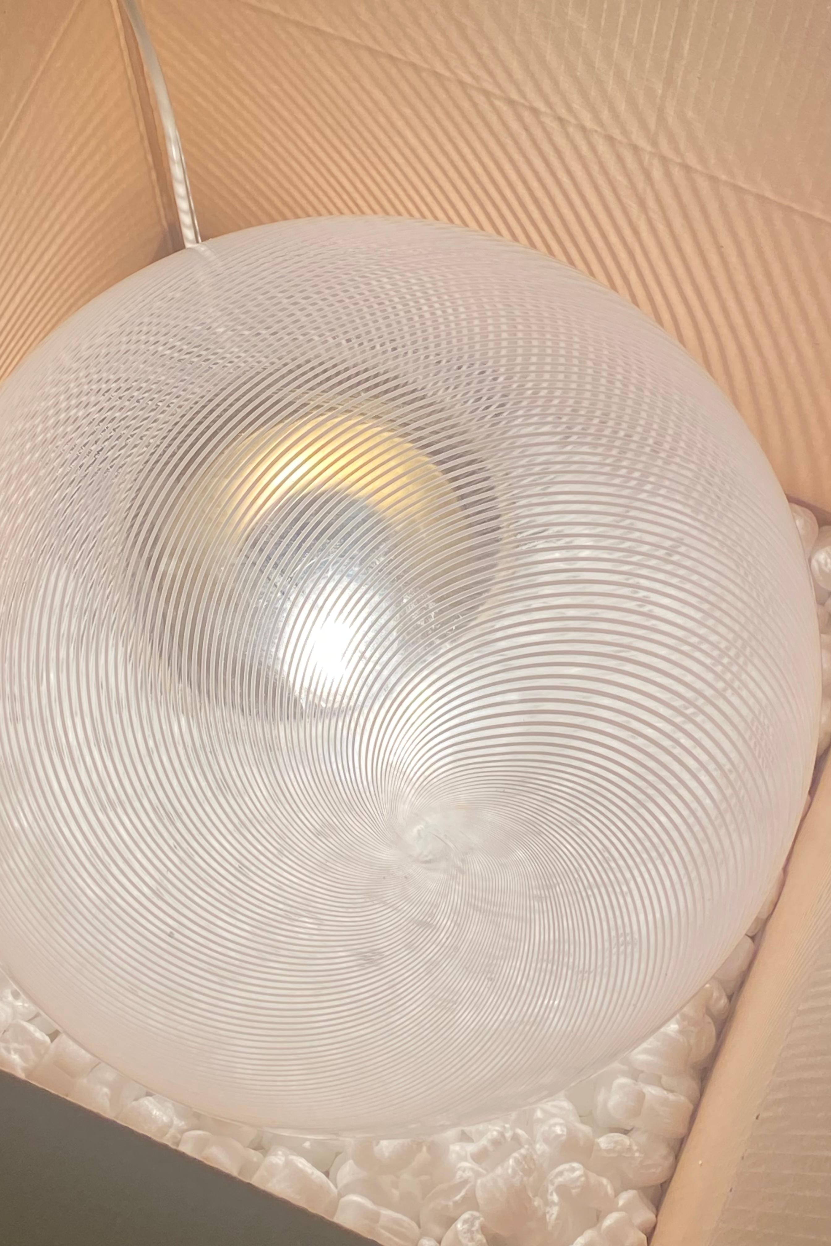Large Vintage Murano Pendant Ceiling Lamp White Swirl Glass Original 70s Italian For Sale 1