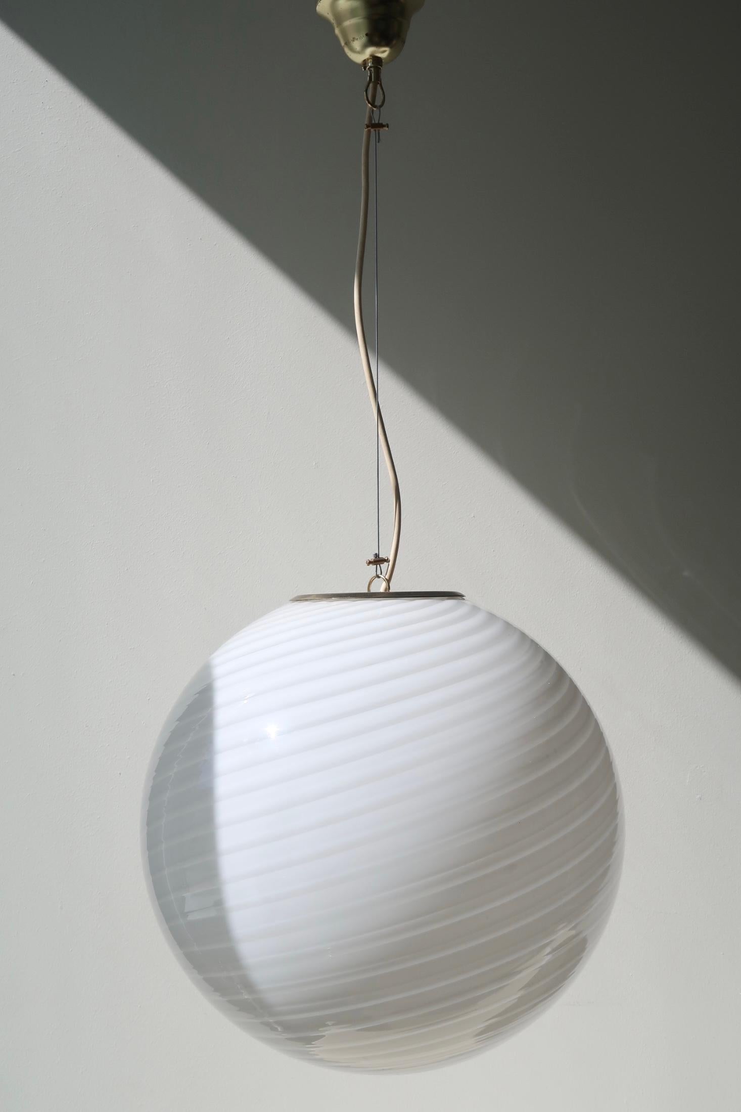 Large Vintage Murano Pendant Ceiling Lamp White Swirl Glass Original 70s Italian 3