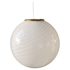 Large Vintage Murano Pendant Ceiling Lamp White Swirl Glass Original 70s Italian