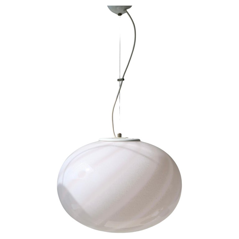 Large Vintage Murano Pendant Ceiling Lamp White Swirl Glass Original