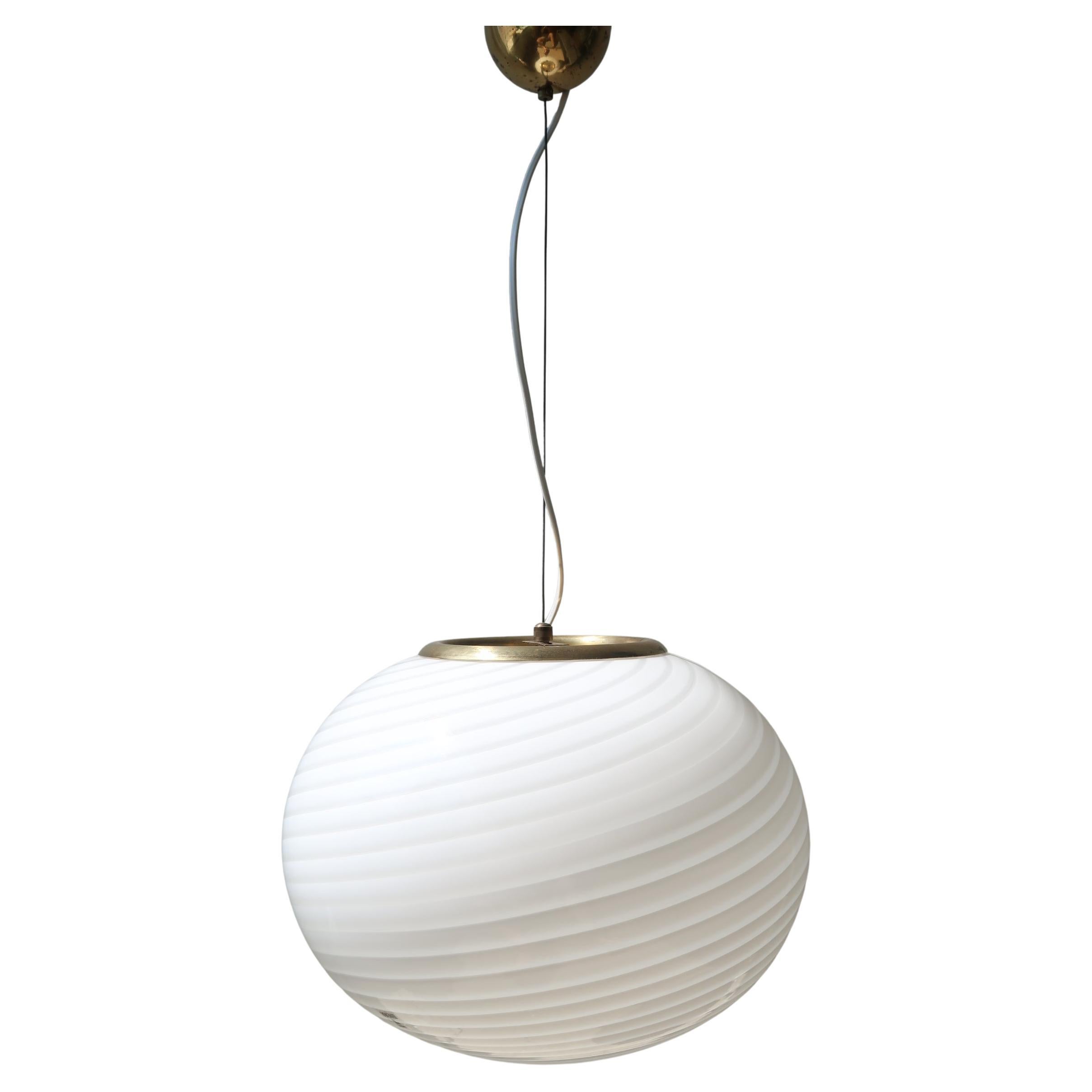 Large Vintage Murano Pendant Ceiling Lamp White Swirl Glass Original