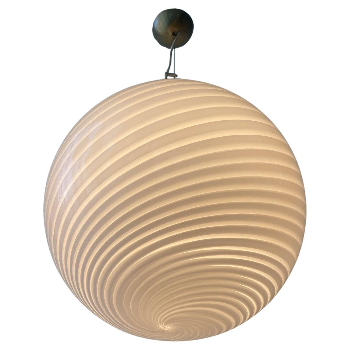 Large Vintage Murano Pendant Ceiling Lamp White Swirl Glass Original 70s Italian
