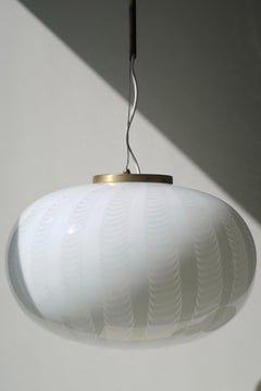 Large Vintage Murano Pendant Ceiling Lamp White Swirl Peacock Glass 70s, Italian