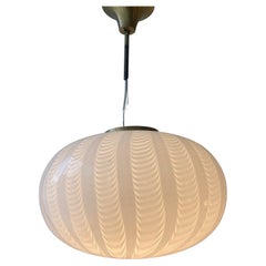 Large Vintage Murano Pendant Ceiling Lamp White Swirl Peacock Glass 70s, Italian