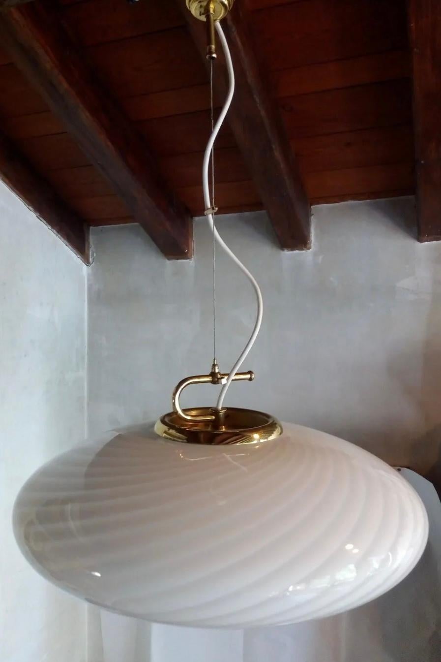Italian Large vintage Murano pendant chandelier white swirl glass brass, 1970s 