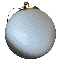 Large vintage Murano pendant chandelier white swirl glass brass, 1970s