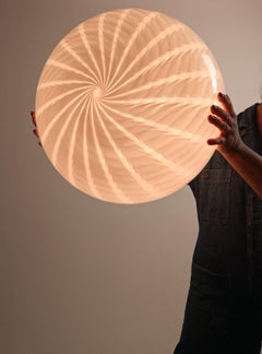 Large Vintage Murano Pendant Light in White Swirl Opaline Glass, Italy 70s