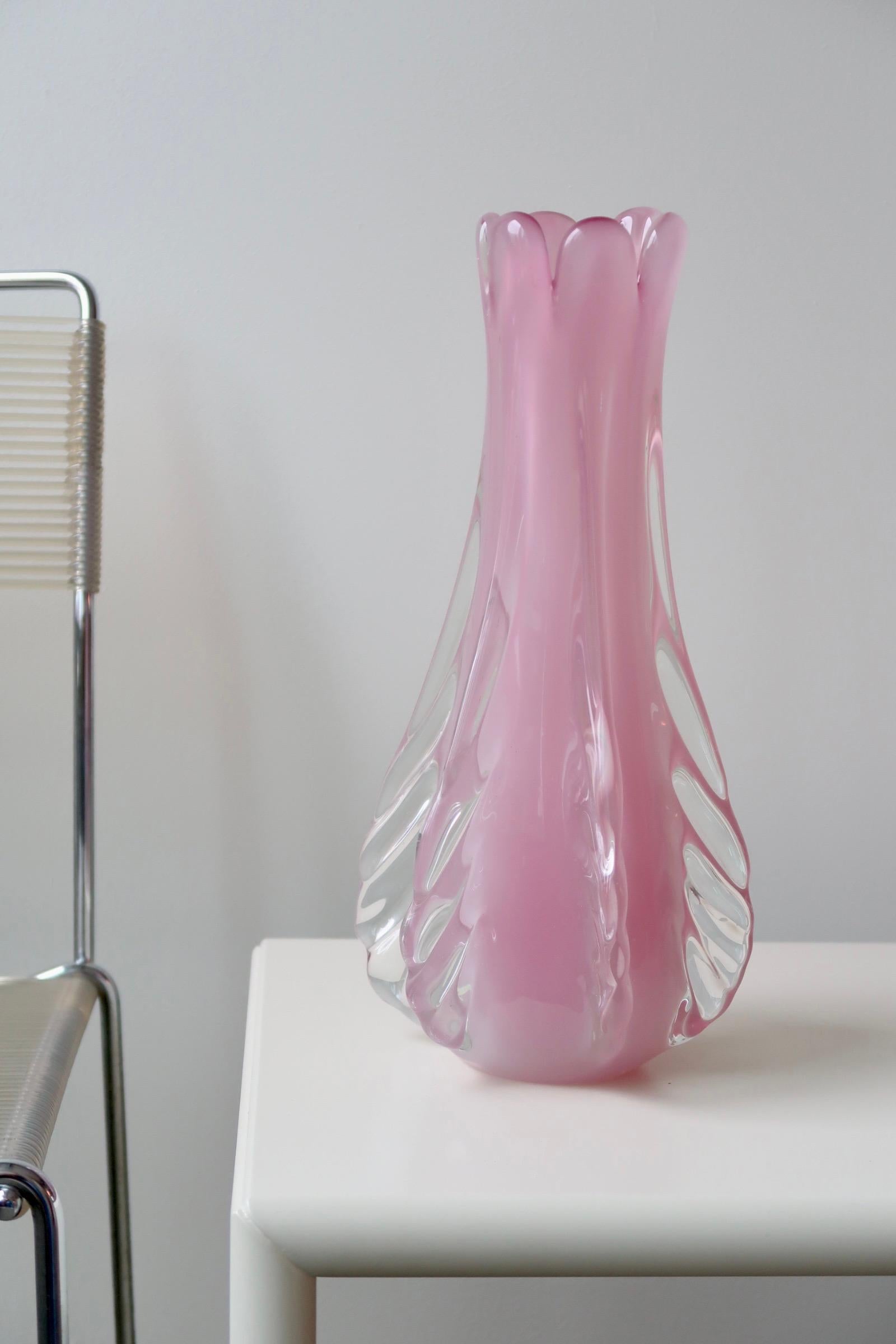 Mid-20th Century Large Vintage Murano Pink Ribbed Alabastro Opal Vase Mouth Blown Italian, 1960s