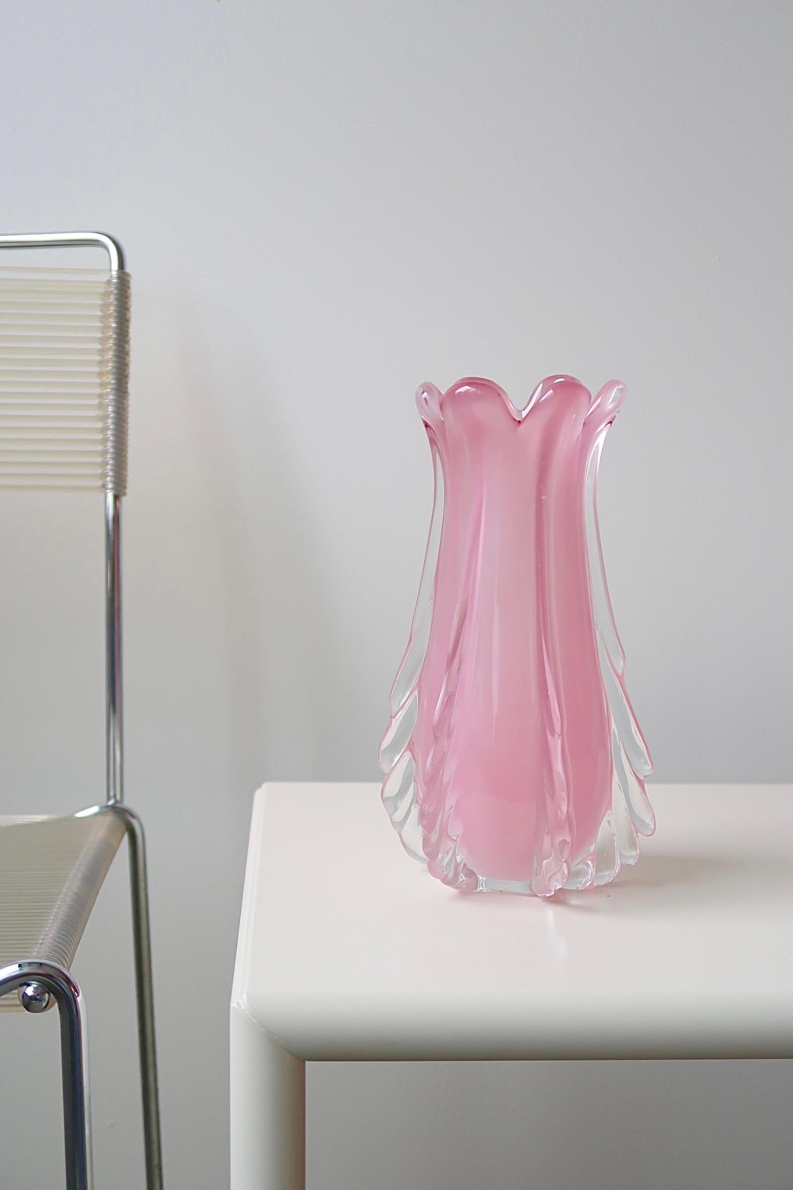 Murano Glass Large Vintage Murano Pink Ribbed Alabastro Opal Vase Mouth Blown Italian 1960s For Sale