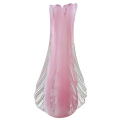 Large Vintage Murano Pink Ribbed Alabastro Opal Vase Mouth Blown Italian, 1960s