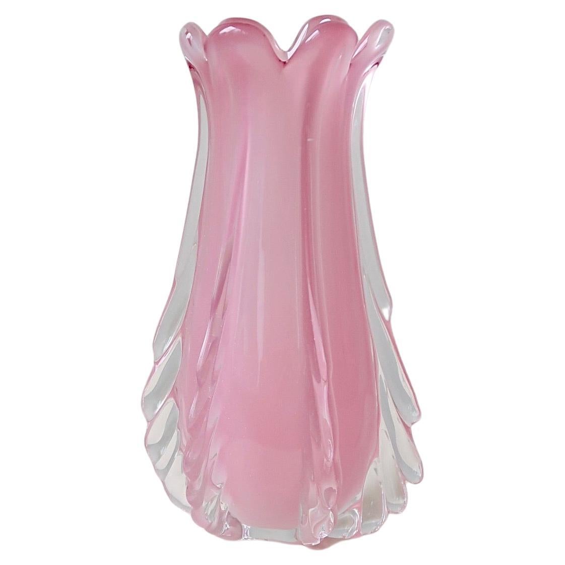 Large Vintage Murano Pink Ribbed Alabastro Opal Vase Mouth Blown Italian 1960s For Sale