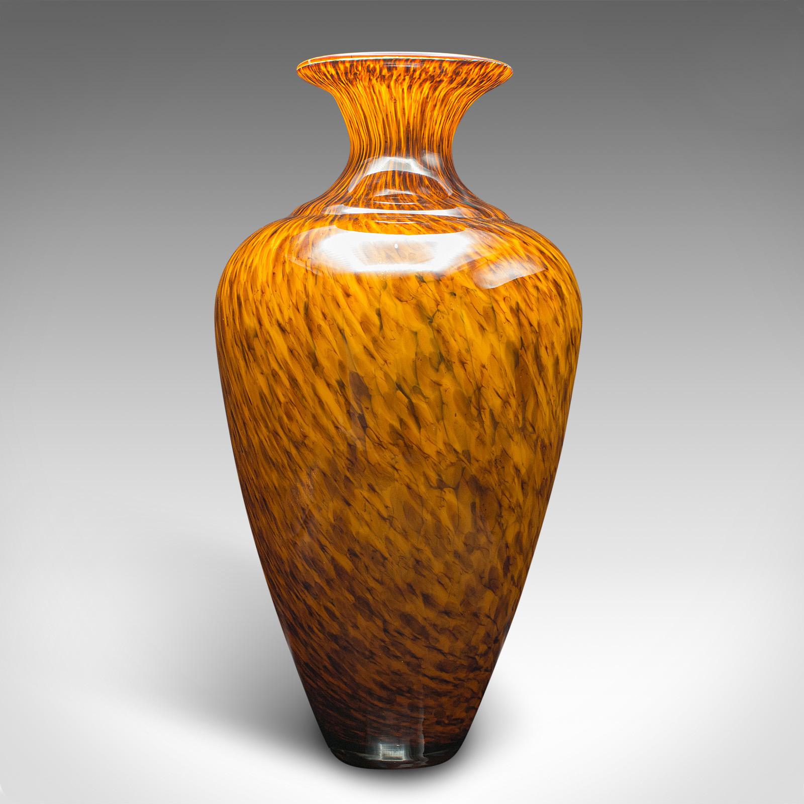 This is a large vintage Murano tiger pattern vase. An Italian, art glass table or floorstanding urn, dating to the mid 20th century, circa 1960.

Wonderfully colourful with a distinctive finish and great proportion
Displays a desirable aged patina