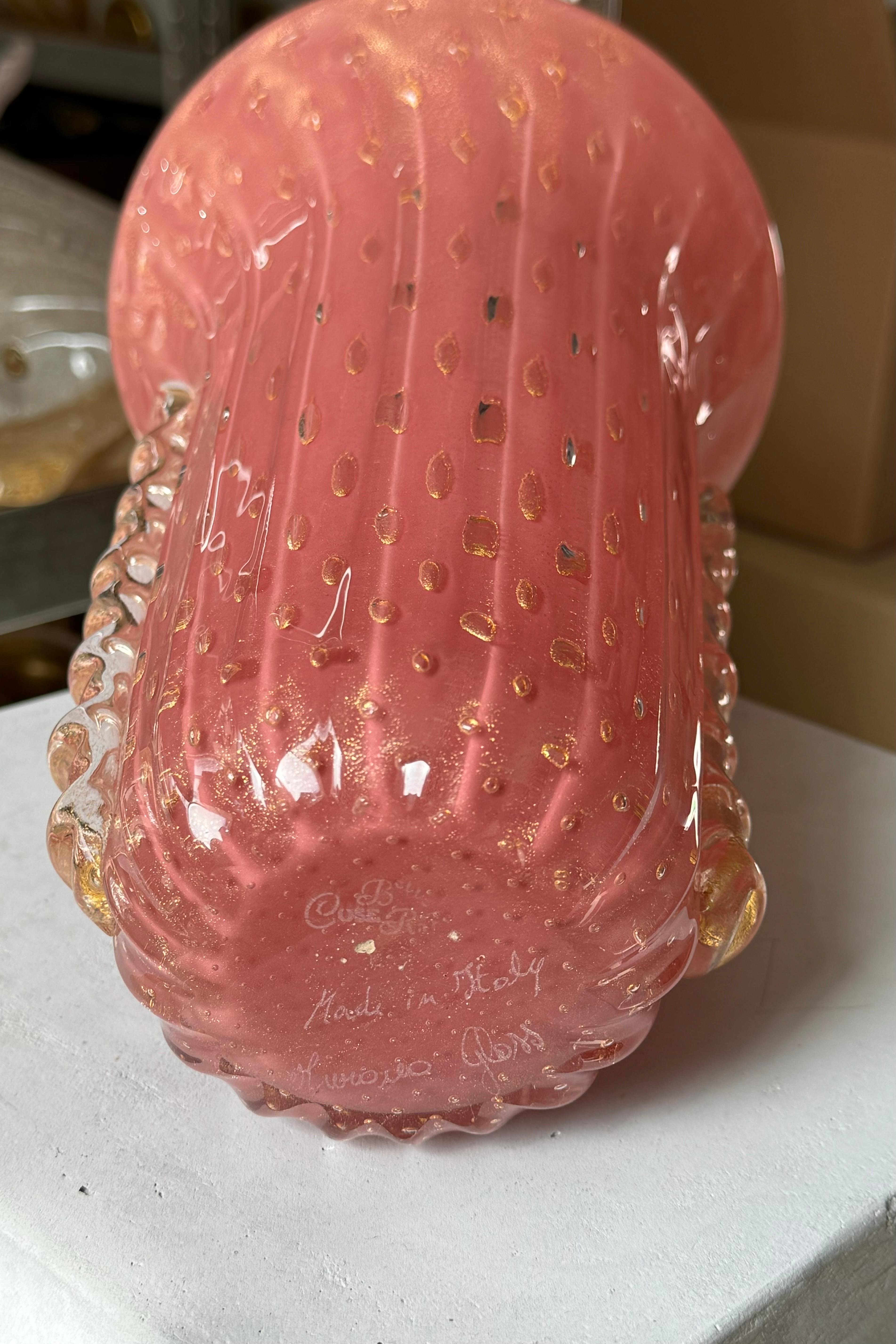 Murano Glass Large Vintage Murano Vase in pink Mouth Blown Art Glass, Italian Design, 1980s For Sale