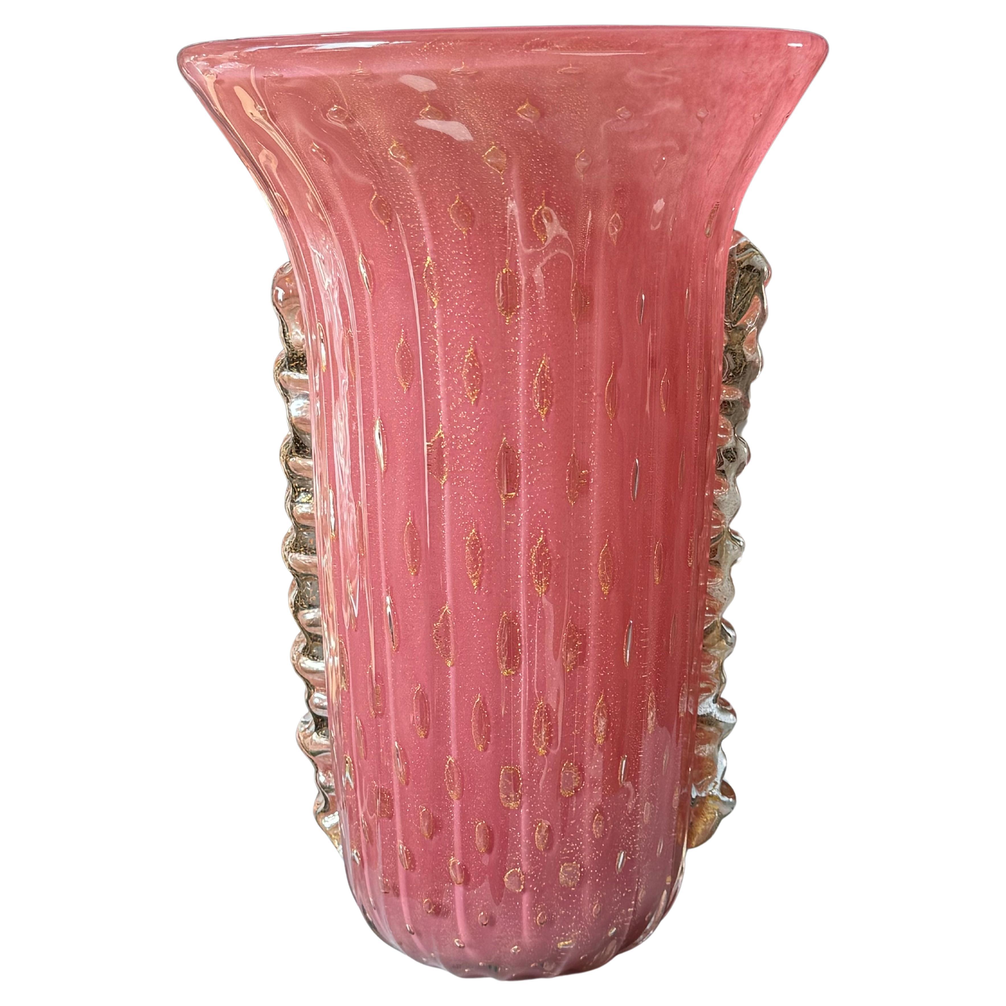 Large Vintage Murano Vase in pink Mouth Blown Art Glass, Italian Design, 1980s For Sale