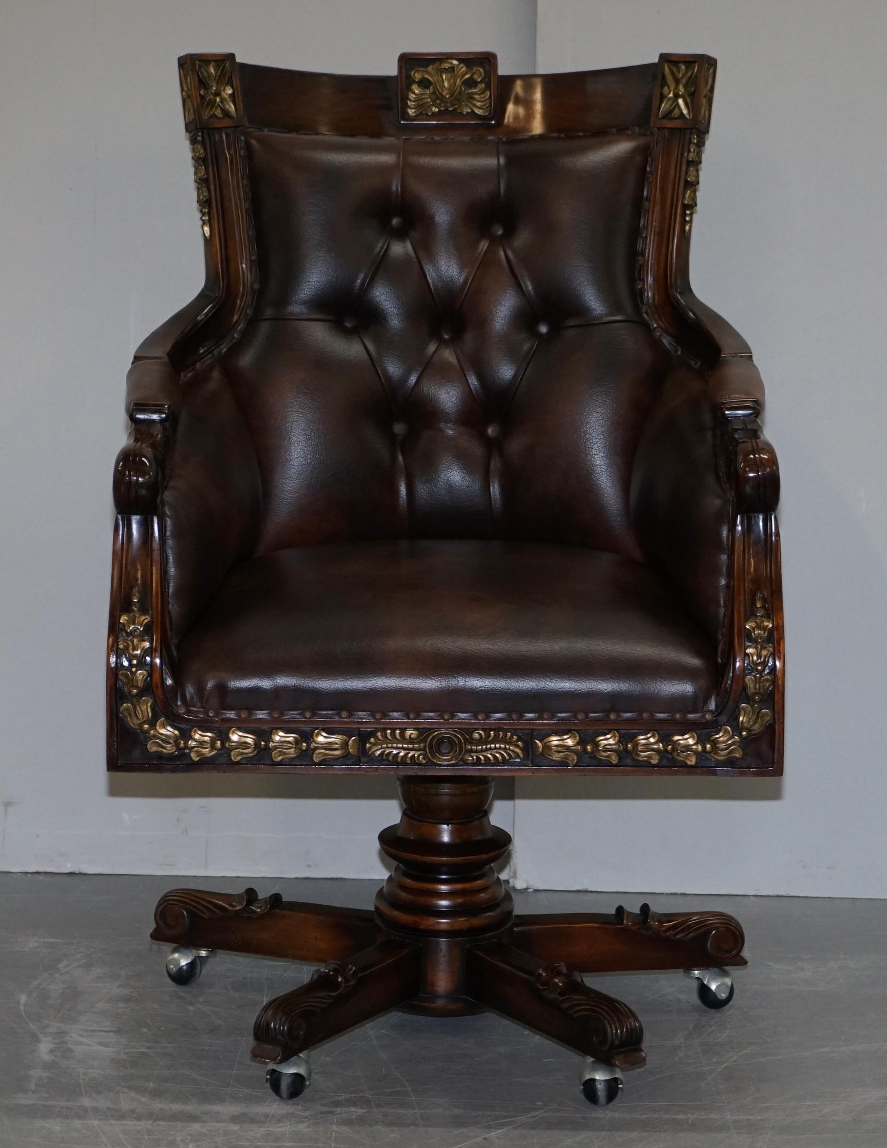 We are delighted to offer for sale this stunning very large vintage Napoleon style brown leather Chesterfield buttoned captains office armchair

A very decorative and well made chair. It looks like art furniture from all angles. The frame is