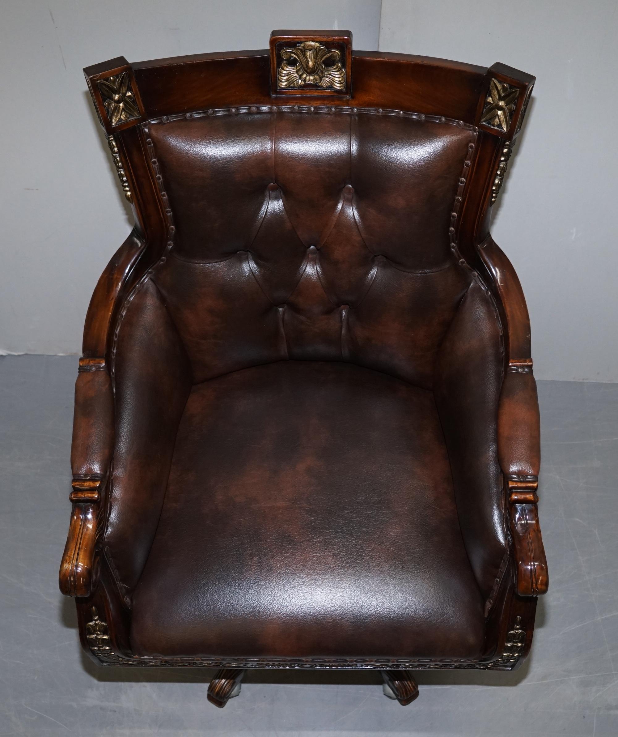 Large Vintage Napoleon Style Brown Leather Chesterfield Captains Office Chair 1