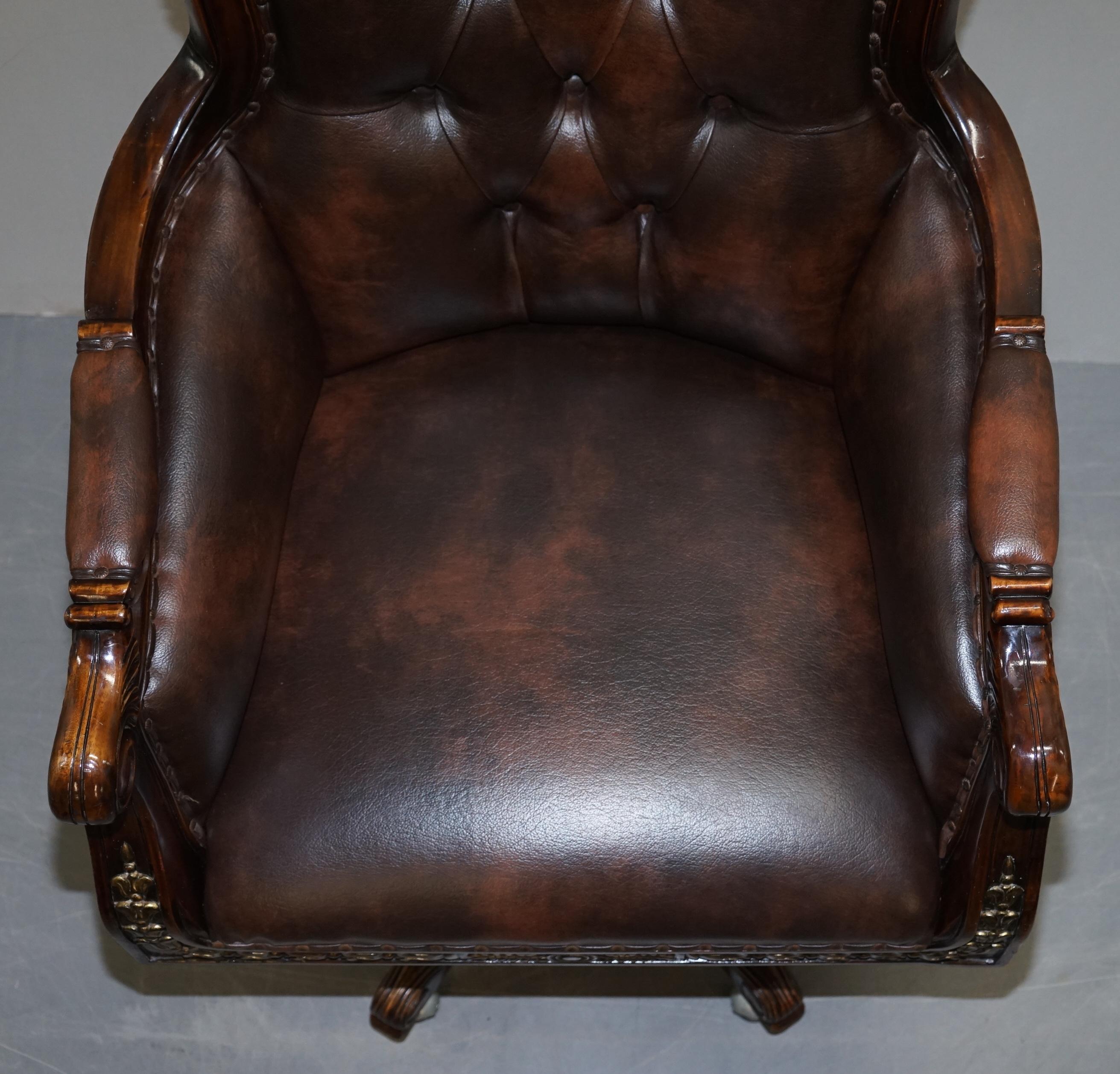 Large Vintage Napoleon Style Brown Leather Chesterfield Captains Office Chair 3