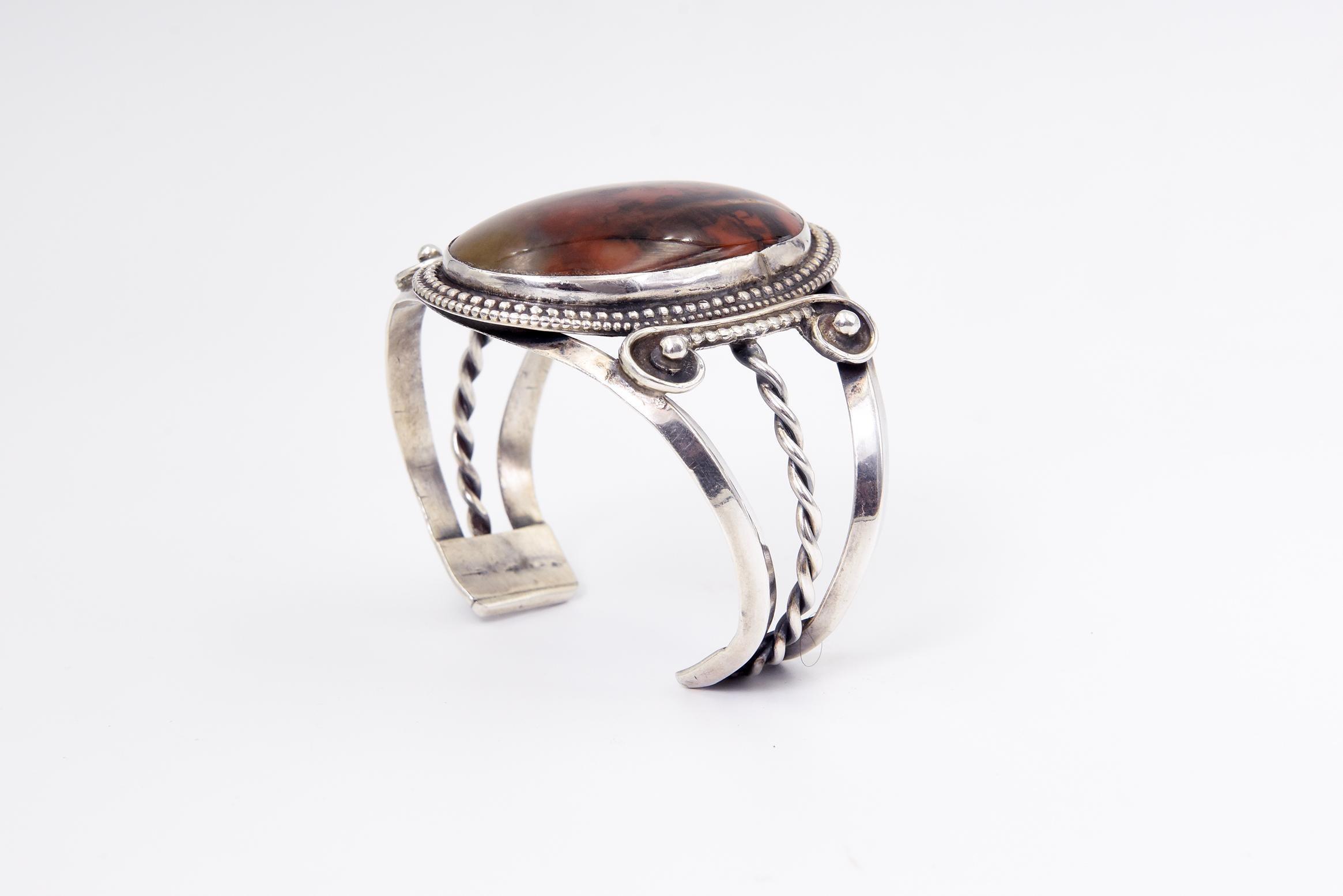 Large Vintage Native American Agate Sterling Silver Cuff Brac For Sale 2