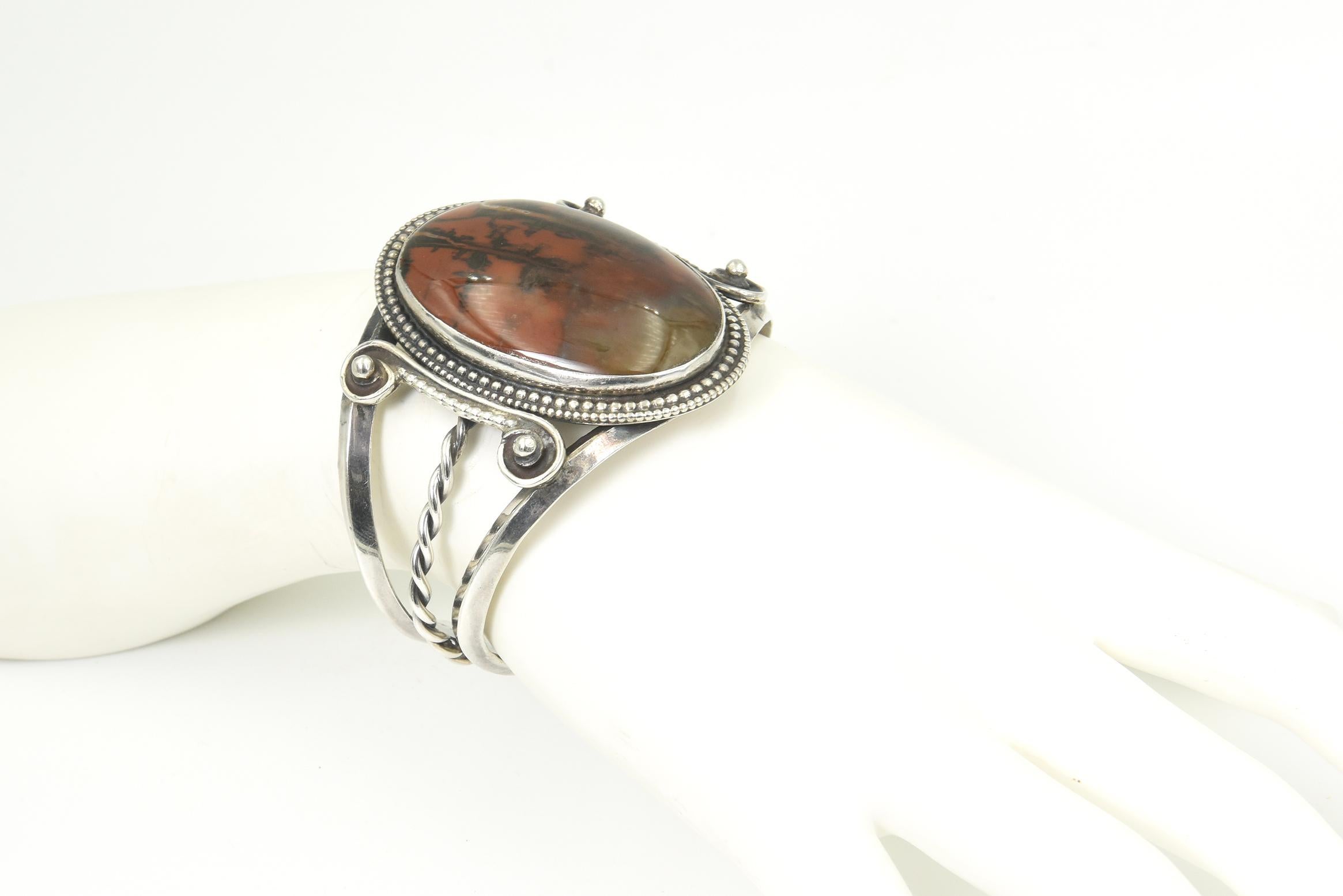 Large Vintage Native American Agate Sterling Silver Cuff Brac For Sale 4